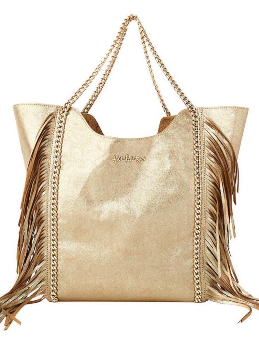 🌴☀️🍍 LILLY PULITZER Gold Chain & Suede Fringe Cruise Tote for Travel or Beach